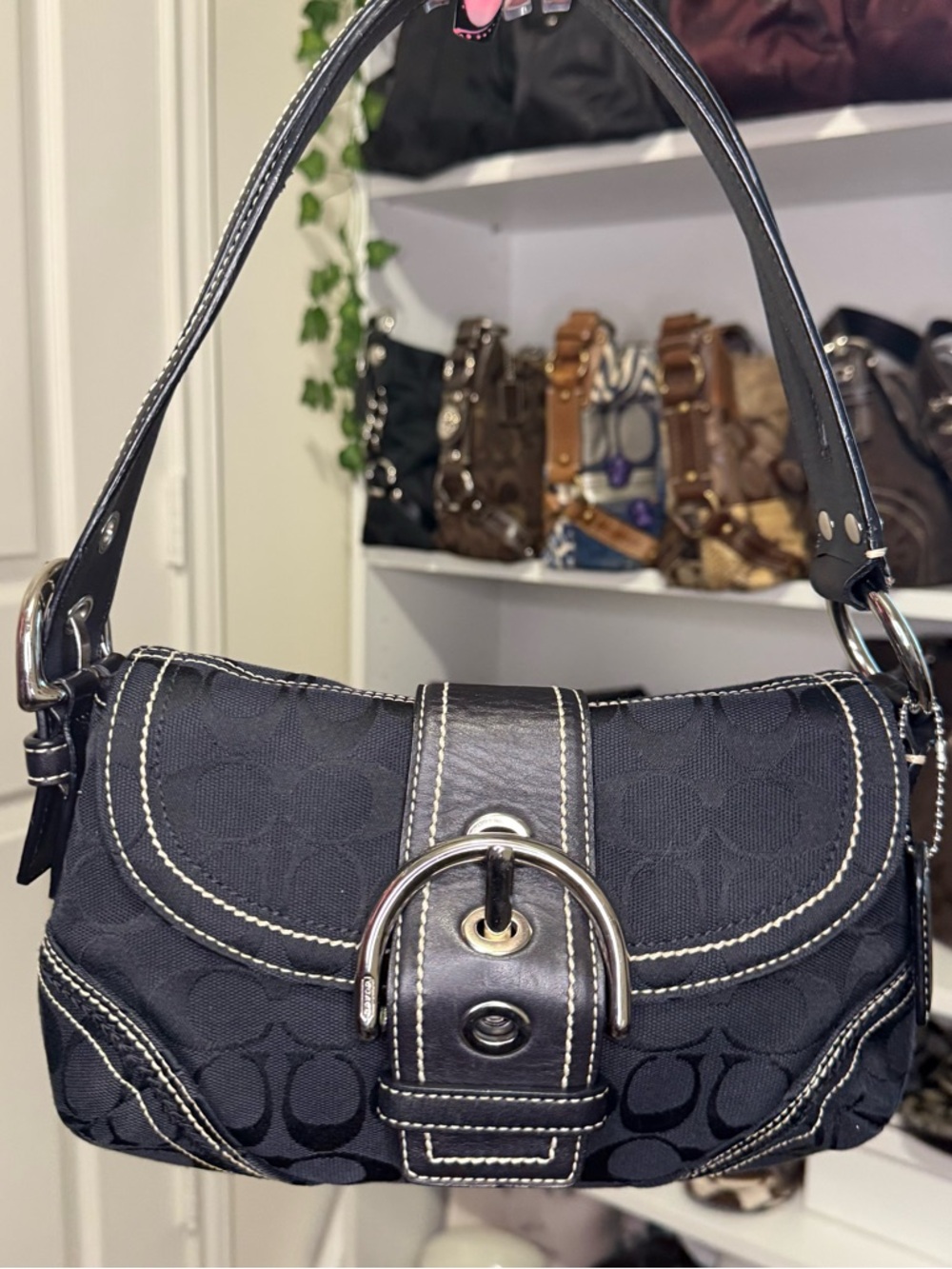 Coach Black Signature Monogram Mini Soho Shoulder Bag with Silver Hardware